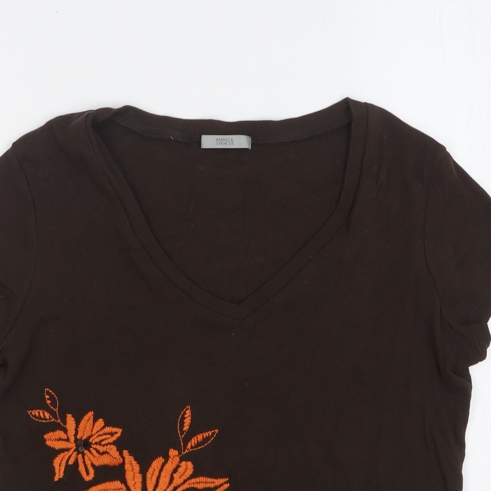Marks and Spencer Womens Brown Floral Cotton Basic T-Shirt Size 14 V-Neck