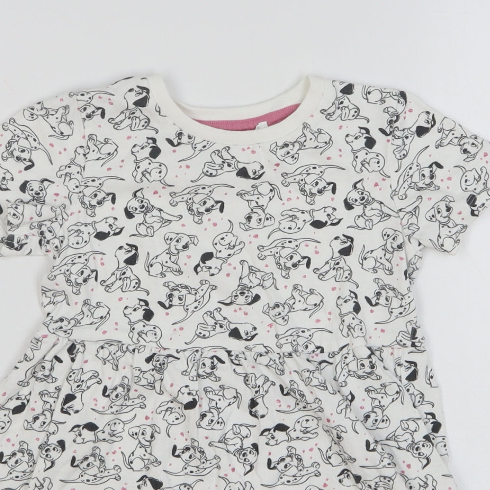 Marks and Spencer Girls White Geometric Cotton Skater Dress Size 3-4 Years Round Neck Pullover - 101 Dalmatians