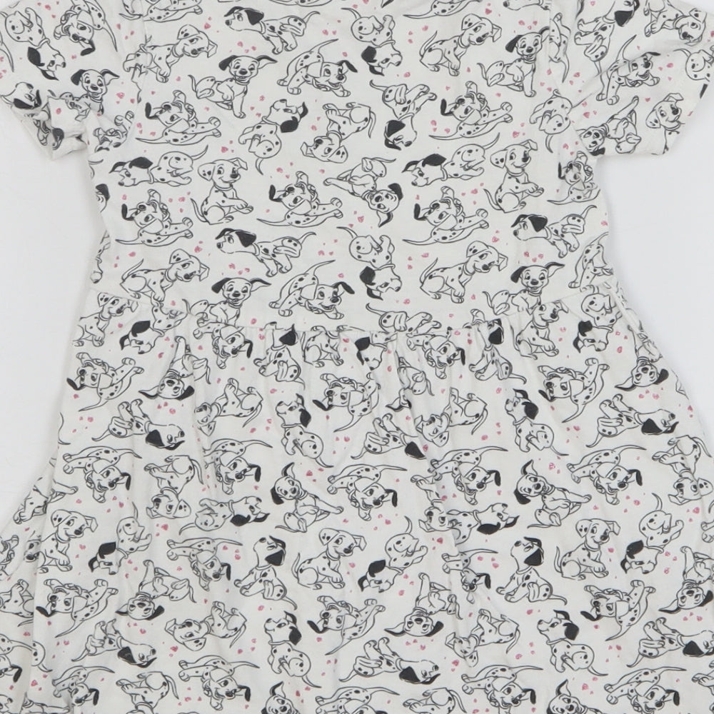 Marks and Spencer Girls White Geometric Cotton Skater Dress Size 3-4 Years Round Neck Pullover - 101 Dalmatians