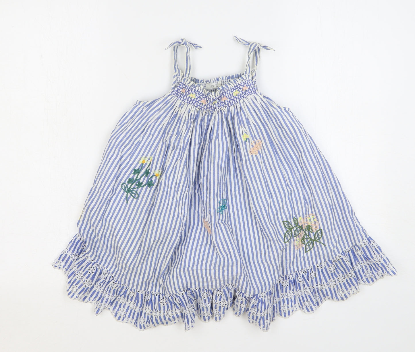 NEXT Girls Blue Striped Cotton Trapeze & Swing Size 3-4 Years Square Neck - Floral