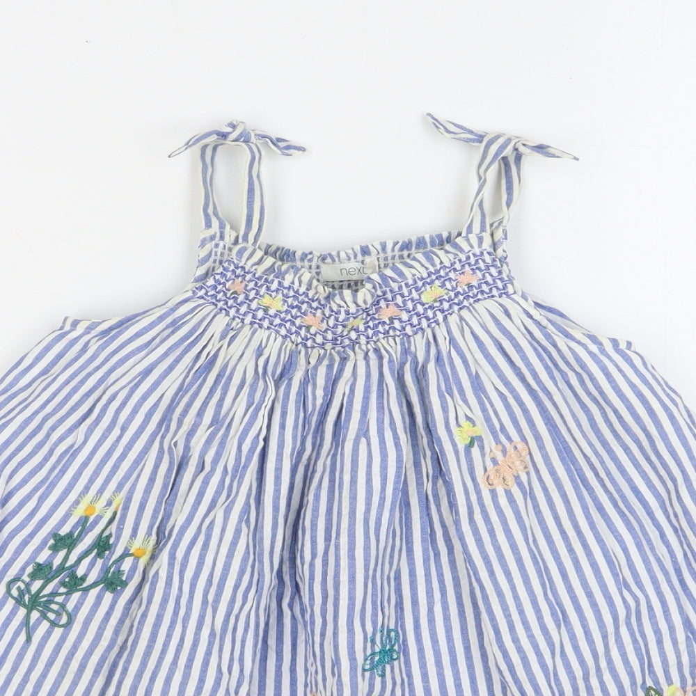 NEXT Girls Blue Striped Cotton Trapeze & Swing Size 3-4 Years Square Neck - Floral