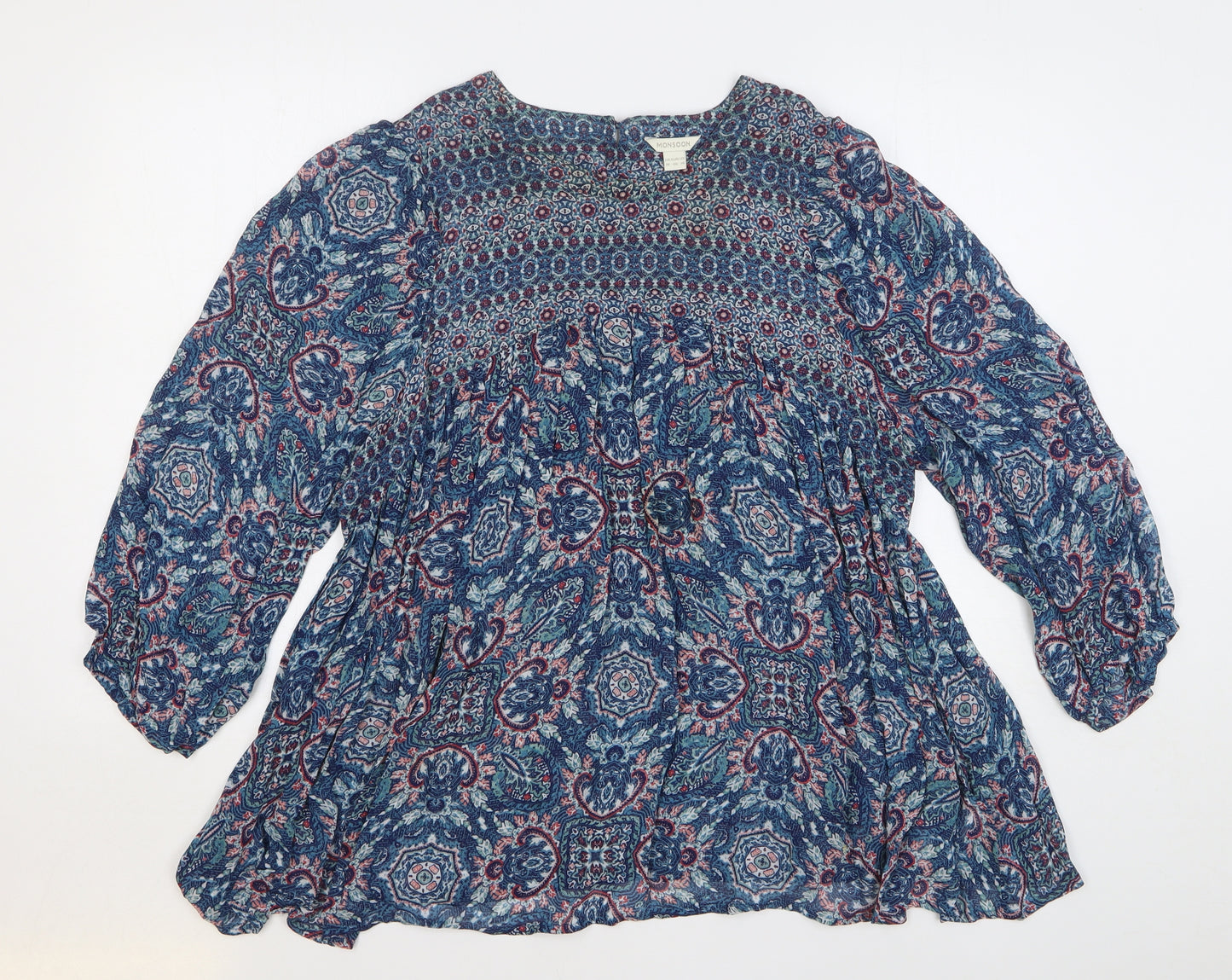 Monsoon Womens Blue Geometric Viscose Basic Blouse Size 18 Round Neck