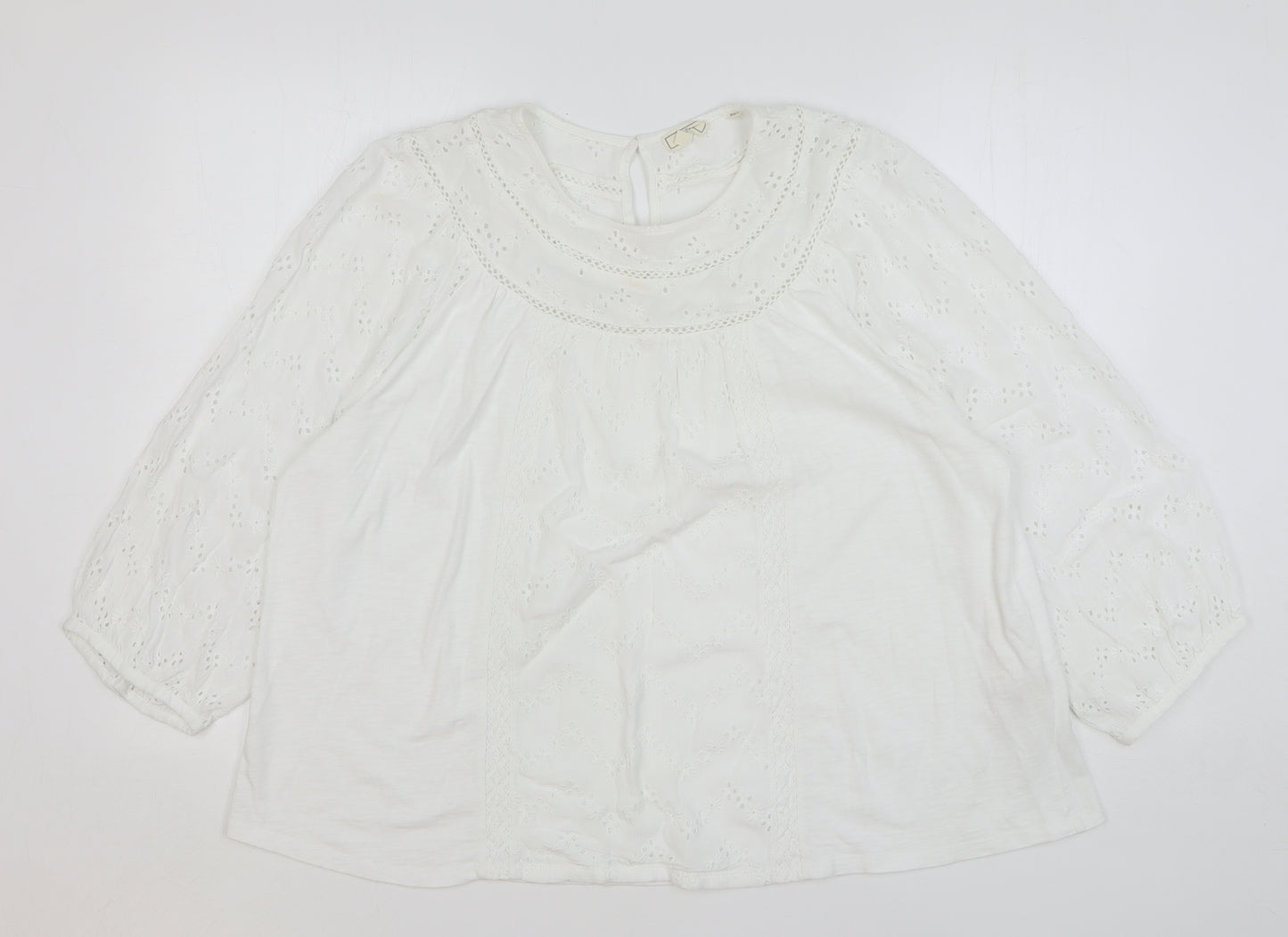Fat Face Womens White Floral Cotton Basic T-Shirt Size 18 Round Neck - Broderie Anglaise