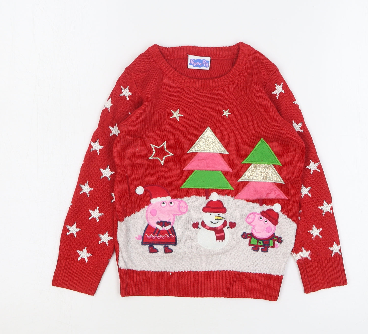 TU Girls Red Round Neck Geometric Acrylic Pullover Jumper Size 2-3 Years Pullover - Peppa Pig Christmas