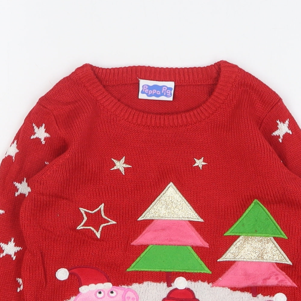 TU Girls Red Round Neck Geometric Acrylic Pullover Jumper Size 2-3 Years Pullover - Peppa Pig Christmas