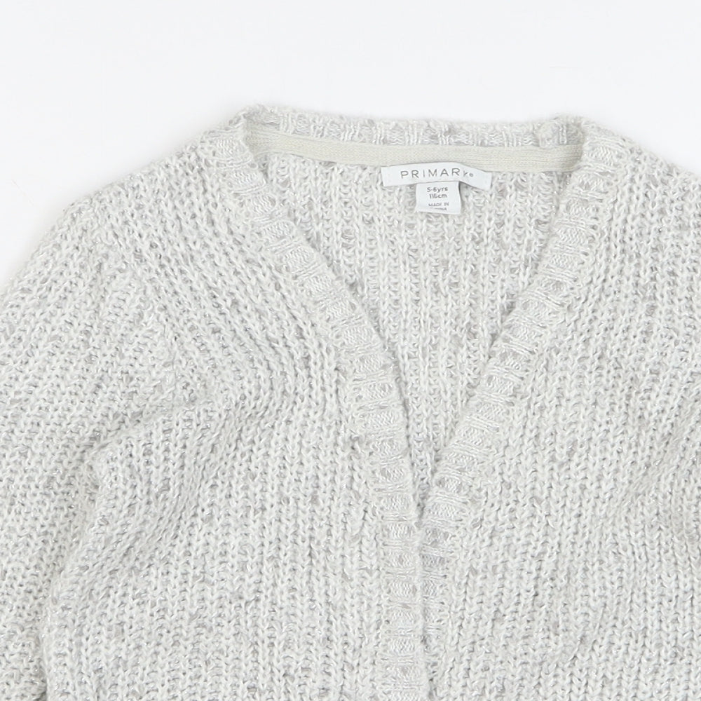 Primark Girls Grey V-Neck Acrylic Cardigan Jumper Size 5-6 Years