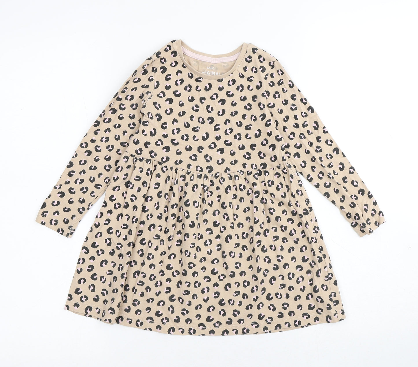 Marks and Spencer Girls Brown Animal Print Cotton A-Line Size 3-4 Years Round Neck - Leopard Print