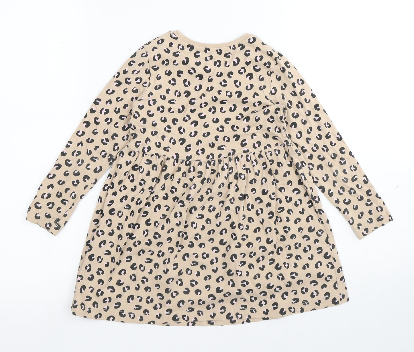 Marks and Spencer Girls Brown Animal Print Cotton A-Line Size 3-4 Years Round Neck - Leopard Print