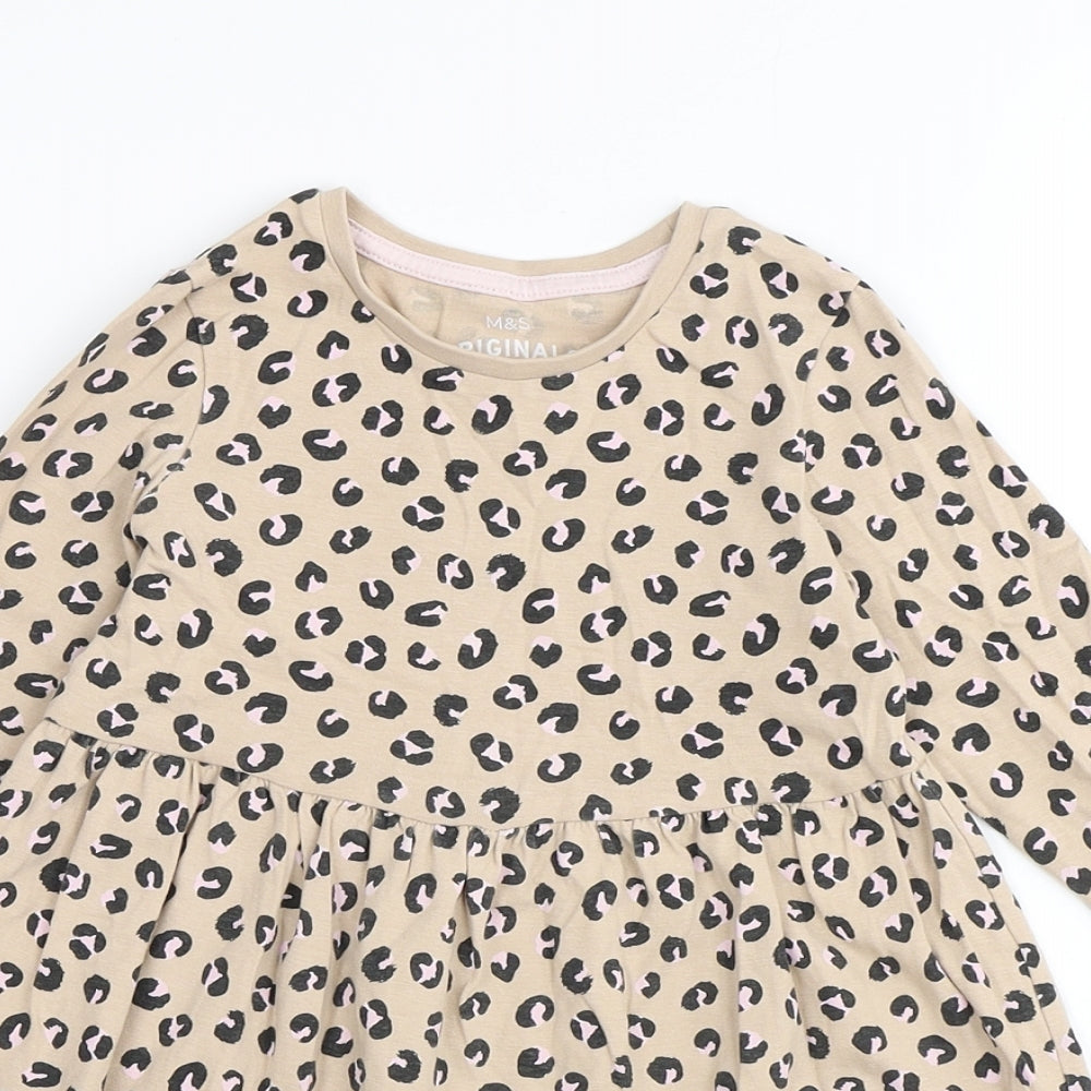 Marks and Spencer Girls Brown Animal Print Cotton A-Line Size 3-4 Years Round Neck - Leopard Print