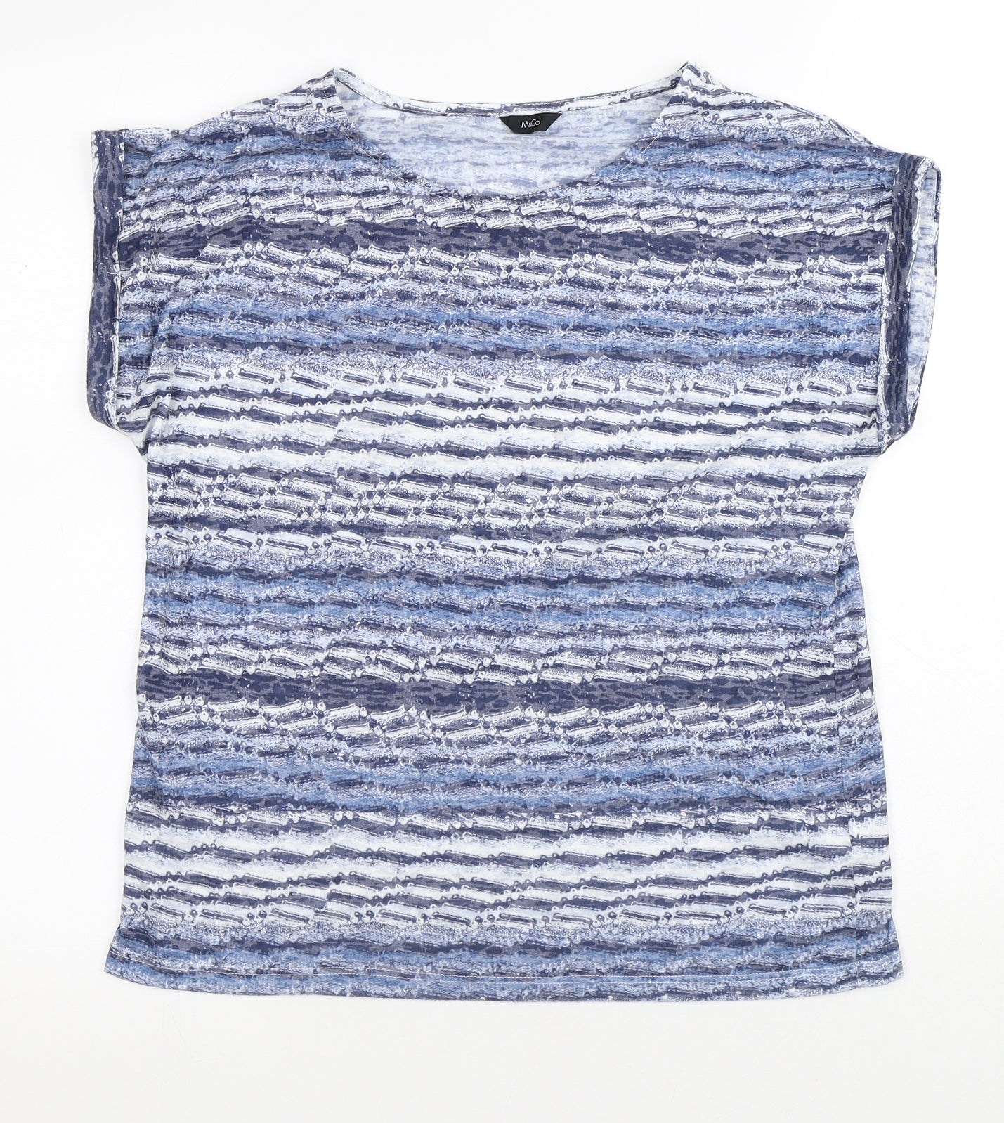 M&Co Womens Blue Striped Polyester Basic T-Shirt Size 12 Round Neck
