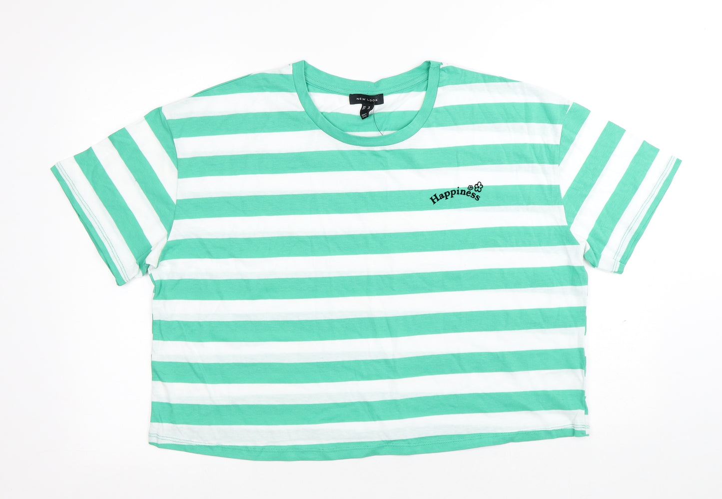 New Look Womens White Striped Cotton Jersey T-Shirt Size 18 Round Neck - Happiness