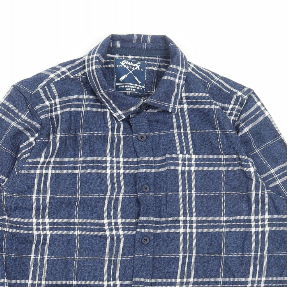 Primark Boys Blue Plaid Cotton Pullover Button-Up Size 12-13 Years Collared Button