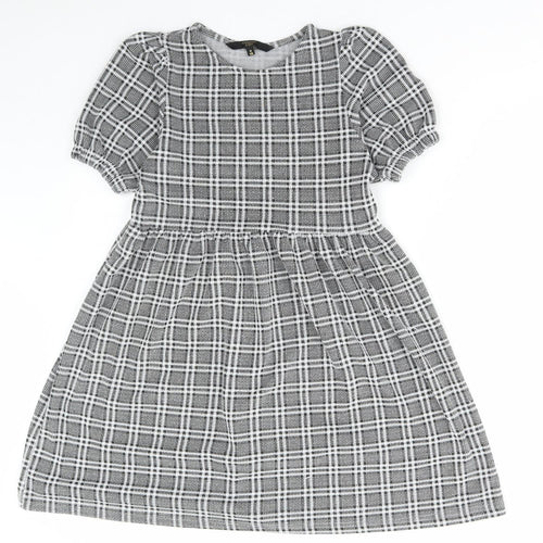 Cosmic Kids Girls Grey Check Polyacrylate Fibre Skater Dress Size 12 Years Round Neck Pullover