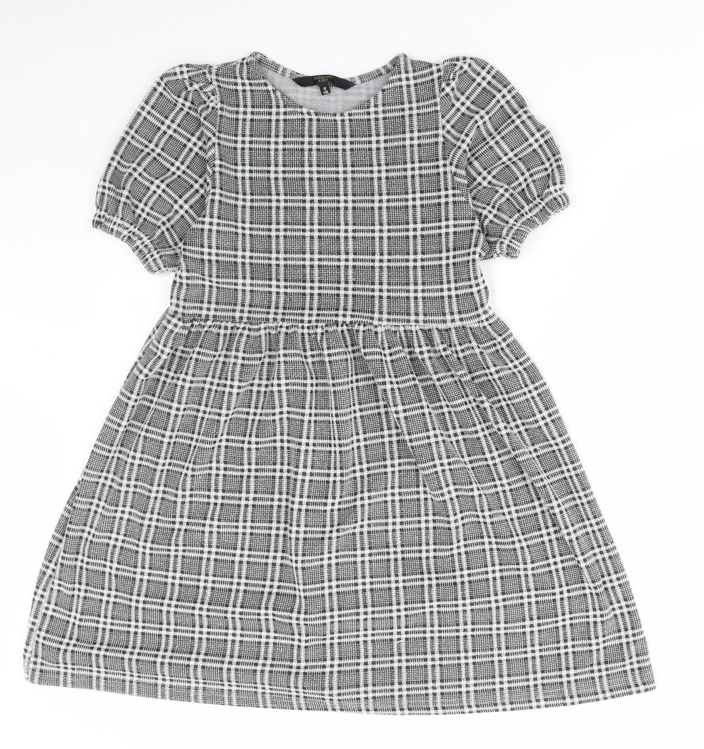 Cosmic Kids Girls Grey Check Polyacrylate Fibre Skater Dress Size 12 Years Round Neck Pullover