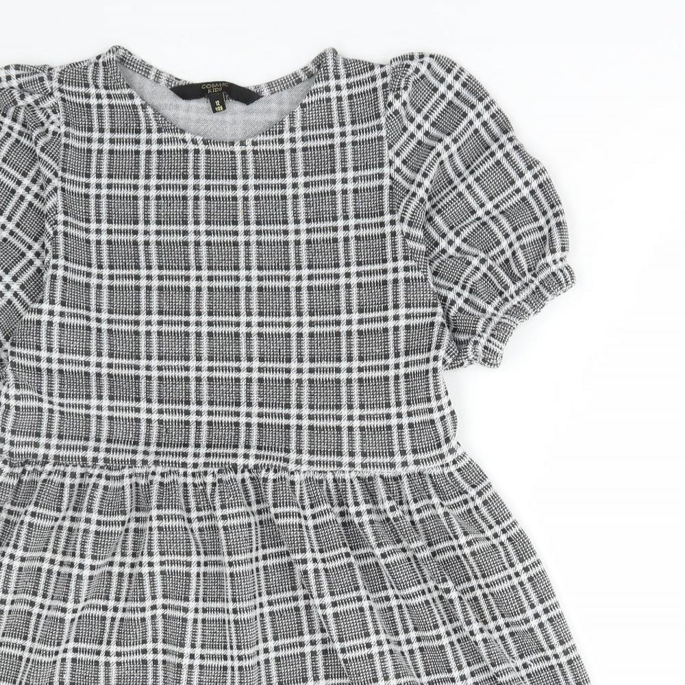 Cosmic Kids Girls Grey Check Polyacrylate Fibre Skater Dress Size 12 Years Round Neck Pullover