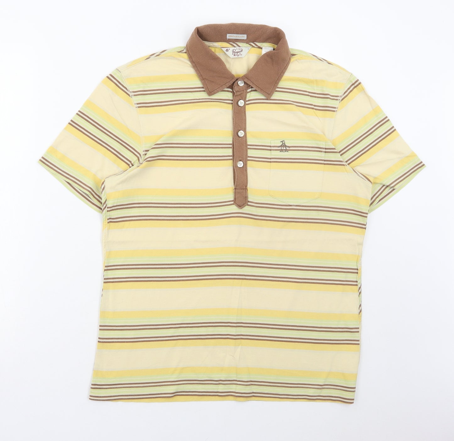 Penguin Mens Multicoloured Striped Cotton Polo Size L Collared Button