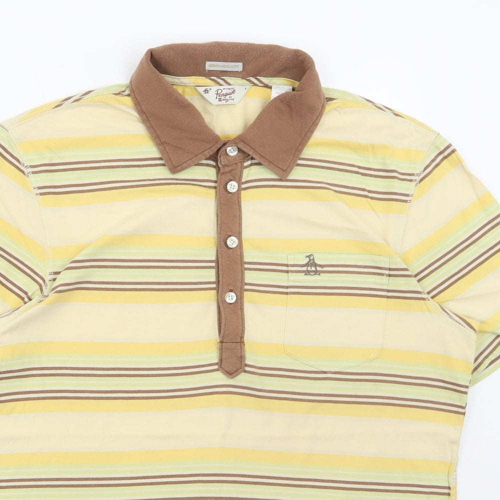 Penguin Mens Multicoloured Striped Cotton Polo Size L Collared Button