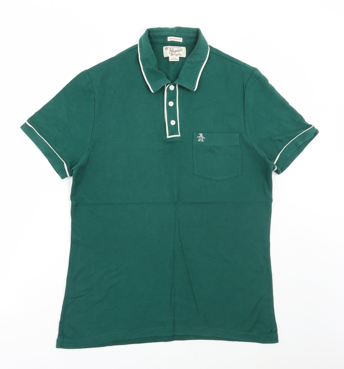 Penguin Mens Green Cotton Polo Size L Collared Button