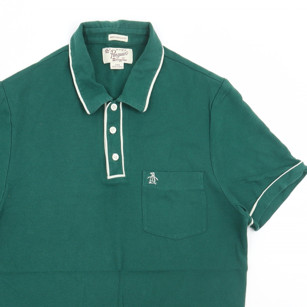 Penguin Mens Green Cotton Polo Size L Collared Button