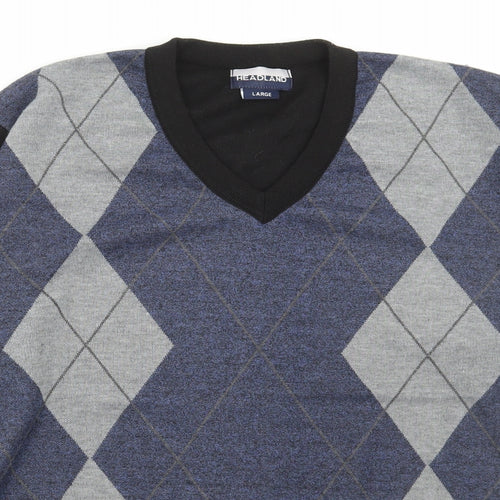 Headland Mens Multicoloured V-Neck Argyle/Diamond Polyester Pullover Jumper Size L