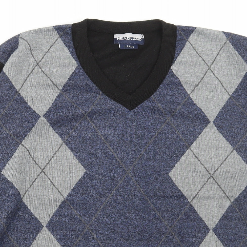 Headland Mens Multicoloured V-Neck Argyle/Diamond Polyester Pullover Jumper Size L