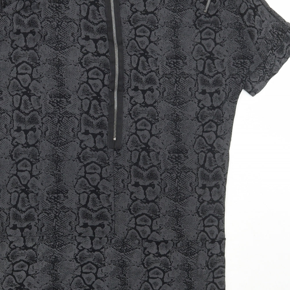 Marks and Spencer Womens Grey Animal Print Polyester Basic T-Shirt Size 8 Scoop Neck