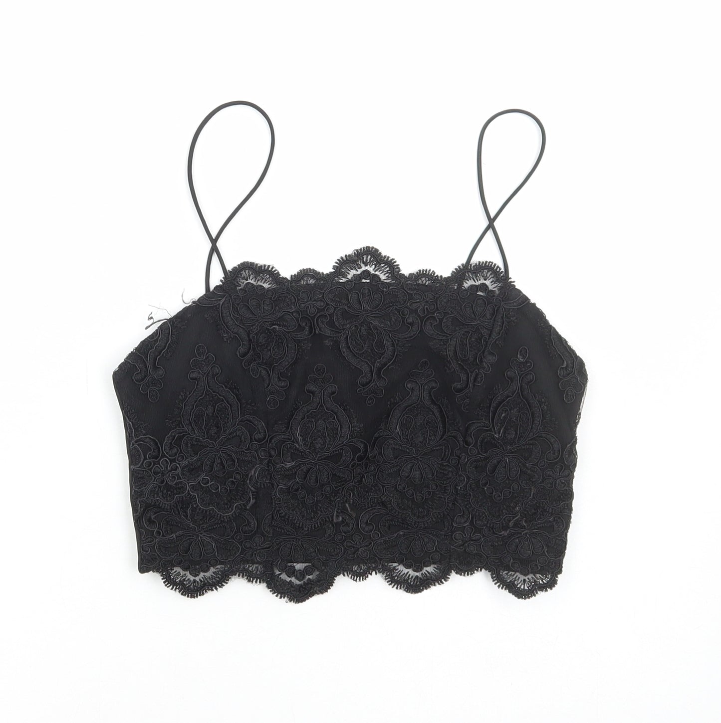 Topshop Womens Black Polyester Cropped Tank Size 6 Square Neck - Lace Detail