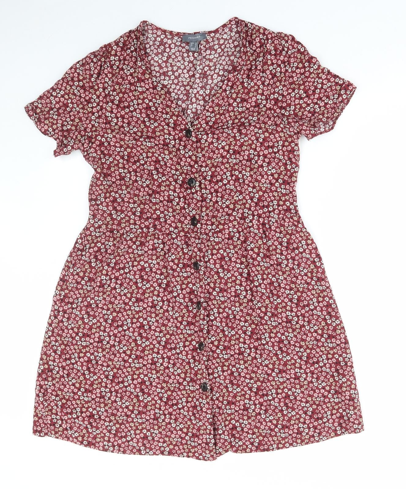 Primark Womens Red Floral Viscose Shirt Dress Size 14 V-Neck Button