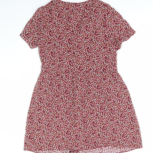 Primark Womens Red Floral Viscose Shirt Dress Size 14 V-Neck Button