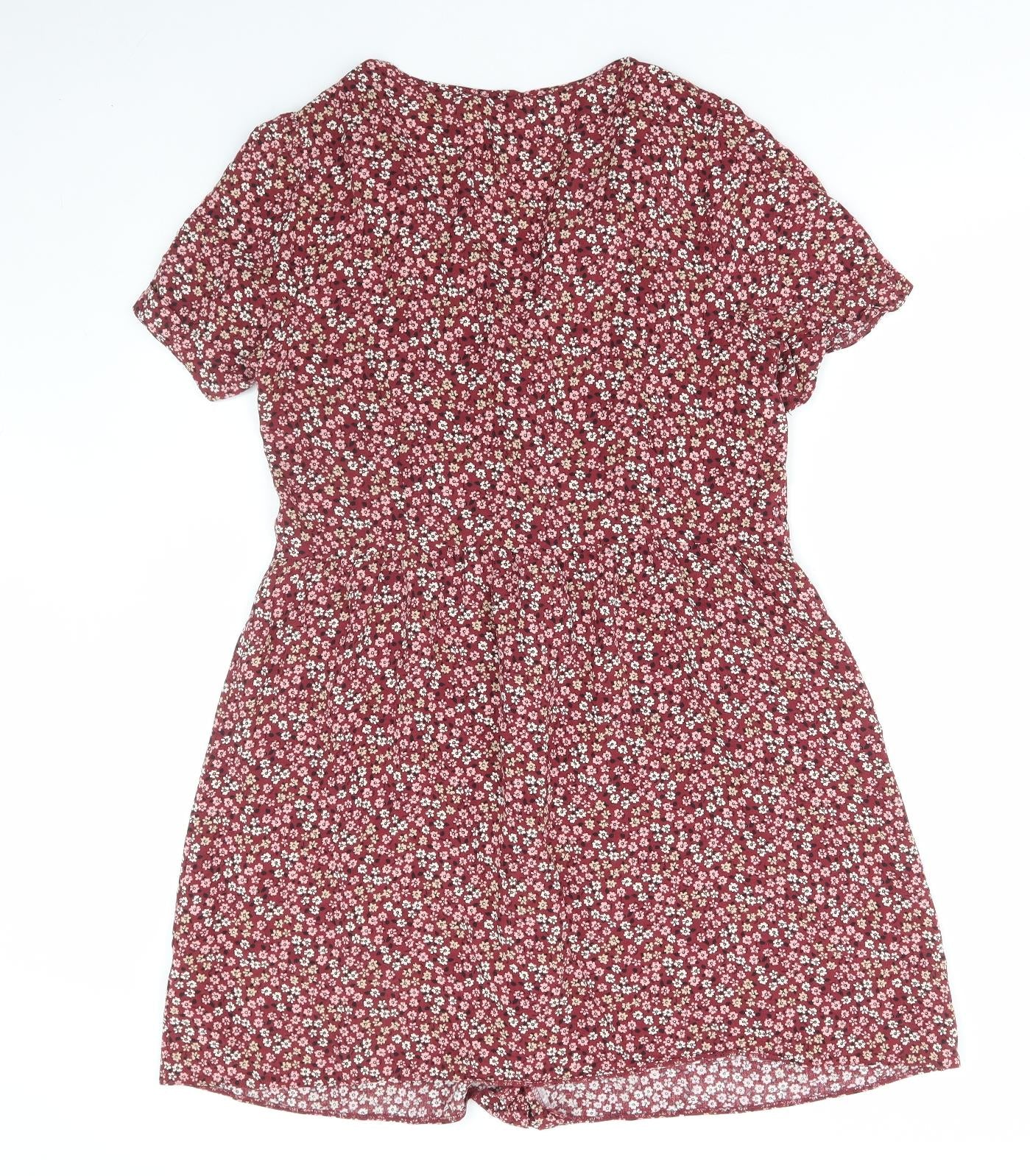 Primark Womens Red Floral Viscose Shirt Dress Size 14 V-Neck Button