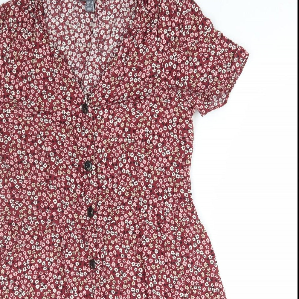 Primark Womens Red Floral Viscose Shirt Dress Size 14 V-Neck Button