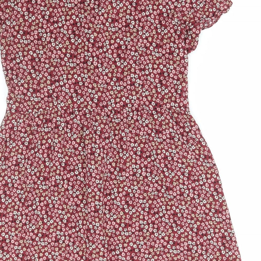 Primark Womens Red Floral Viscose Shirt Dress Size 14 V-Neck Button