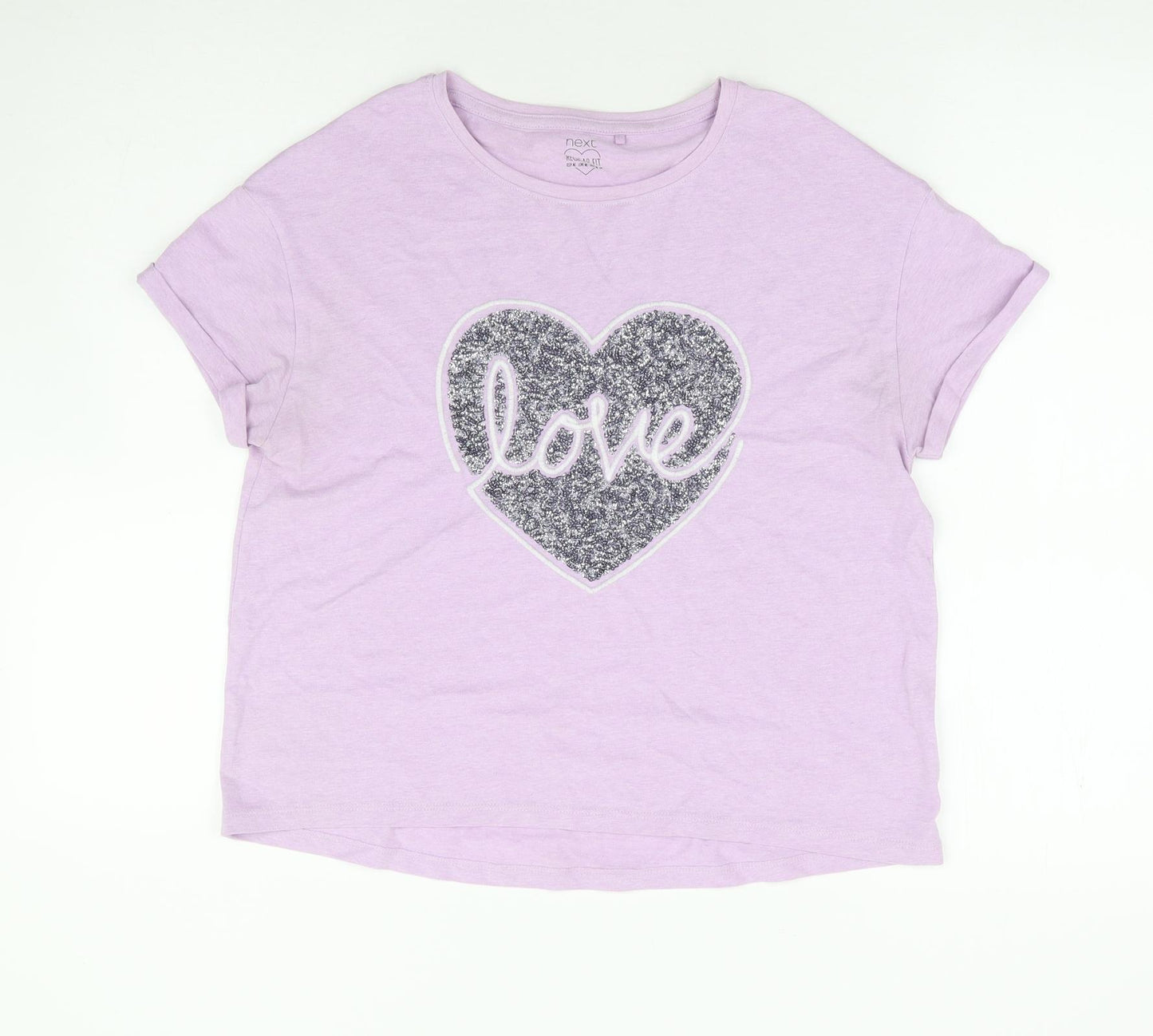 NEXT Girls Purple Cotton Basic T-Shirt Size 13 Years Round Neck Pullover - Love Heart