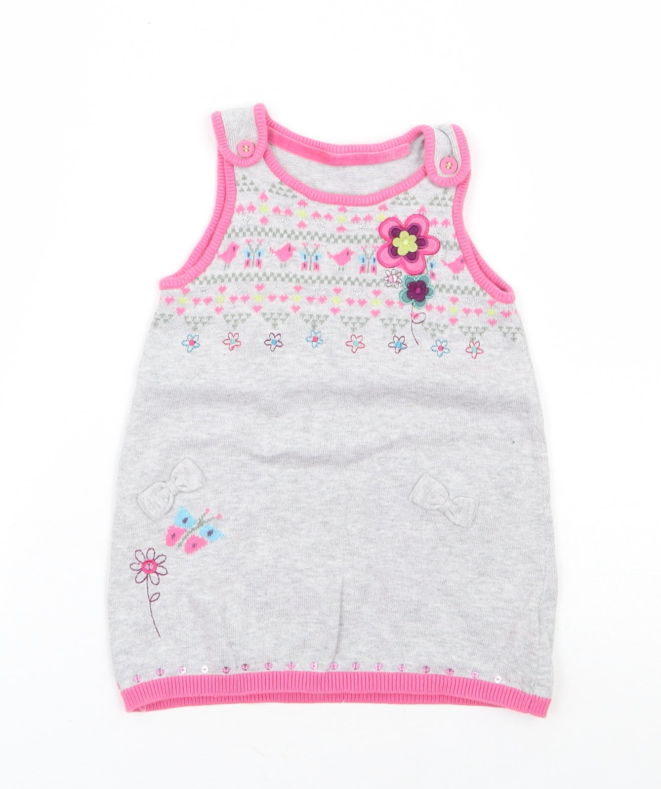 Marks and Spencer Girls Grey Floral Cotton Pinafore/Dungaree Dress Size 6-9 Months Round Neck Button