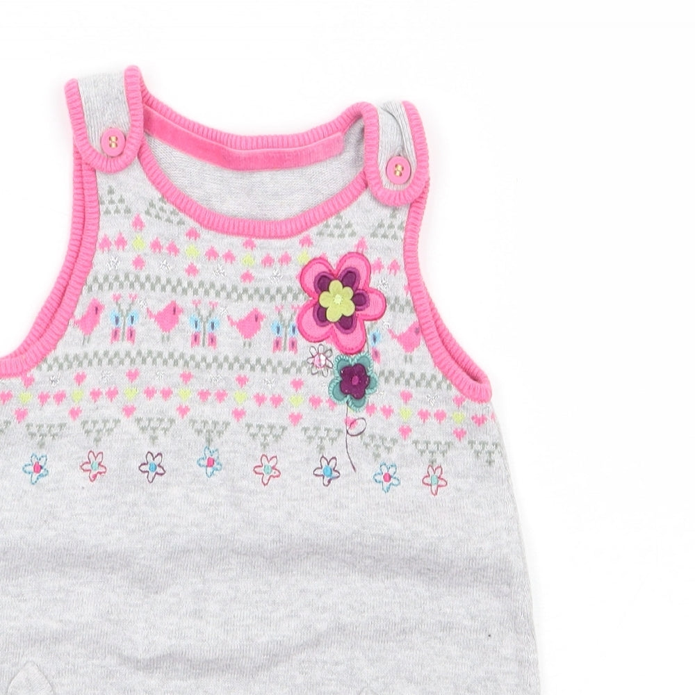 Marks and Spencer Girls Grey Floral Cotton Pinafore/Dungaree Dress Size 6-9 Months Round Neck Button