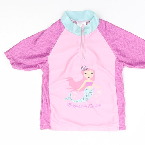 Hullabaloo Girls Pink Polyester Jersey T-Shirt Size 4-5 Years Mock Neck Zip - Rashguard, Mermaid in Training