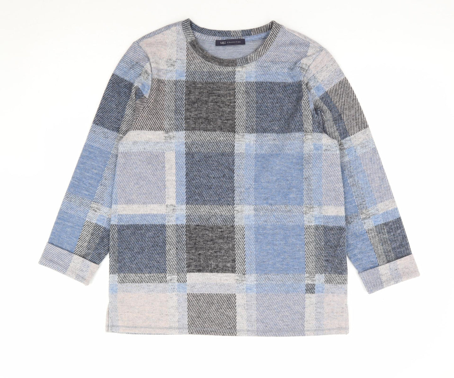 Marks and Spencer Womens Blue Plaid Polyester Jersey T-Shirt Size 10 Round Neck