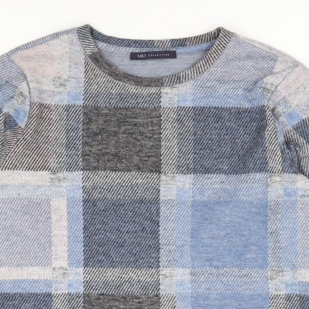 Marks and Spencer Womens Blue Plaid Polyester Jersey T-Shirt Size 10 Round Neck