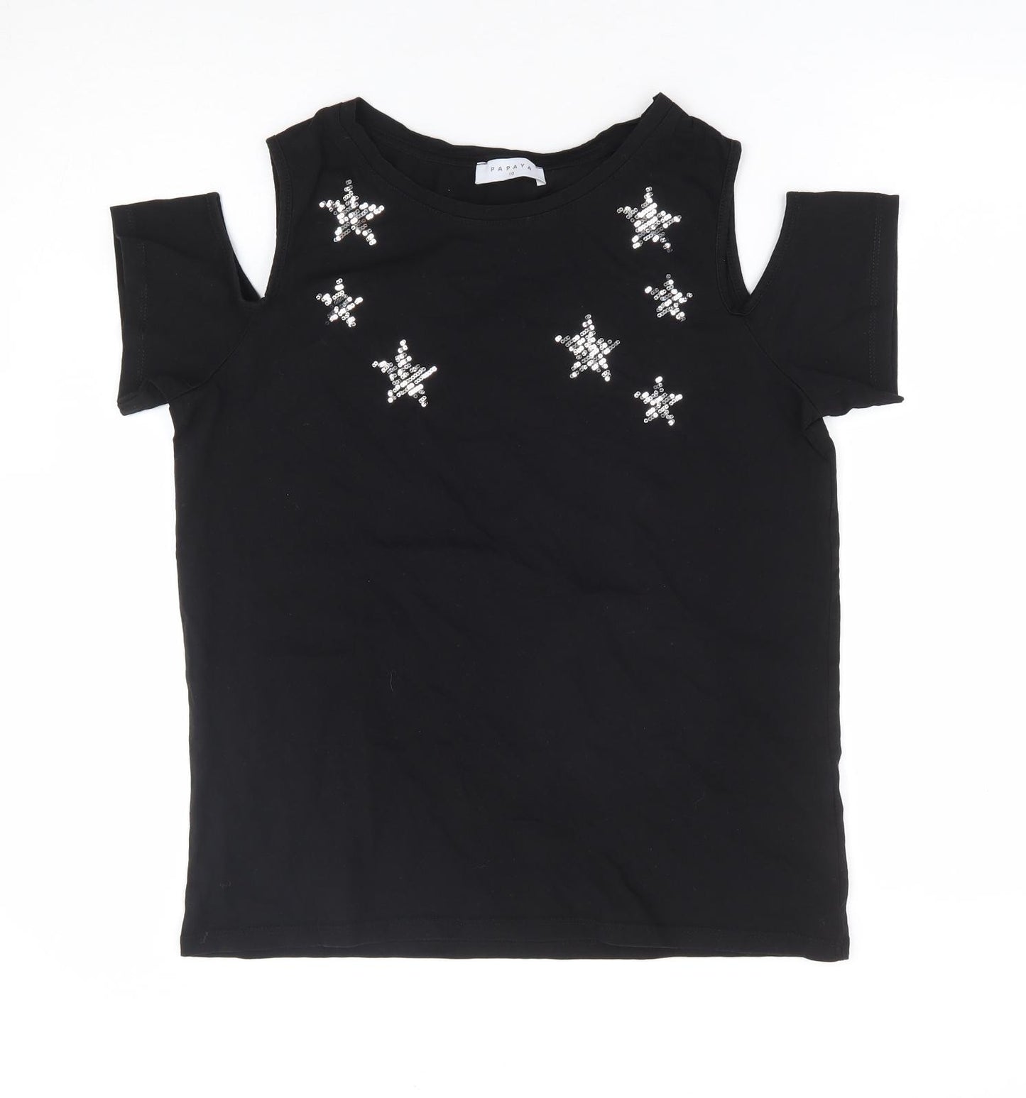 Papaya Womens Black 100% Cotton Jersey T-Shirt Size 10 Round Neck - Star Cold Shoulder