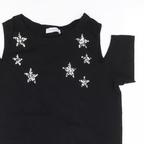 Papaya Womens Black 100% Cotton Jersey T-Shirt Size 10 Round Neck - Star Cold Shoulder