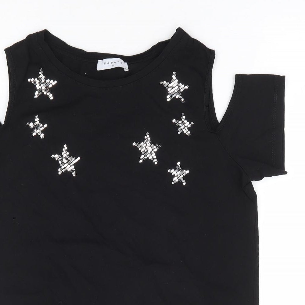 Papaya Womens Black 100% Cotton Jersey T-Shirt Size 10 Round Neck - Star Cold Shoulder