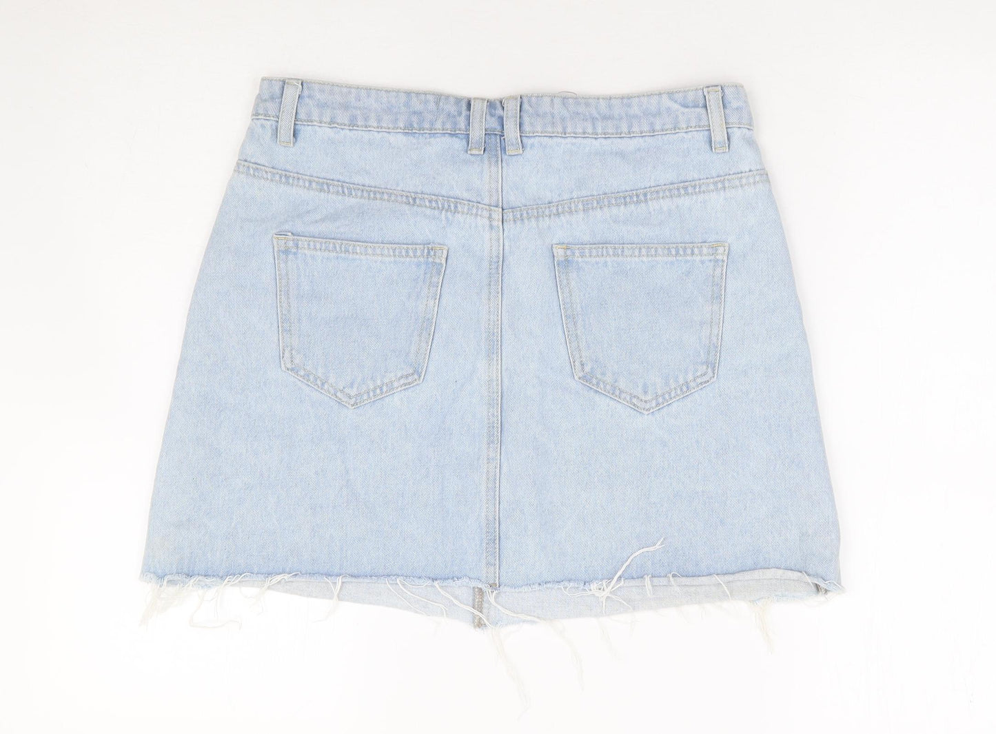 Primark Womens Blue Cotton Mini Skirt Size 12 Zip - Distressed Hem
