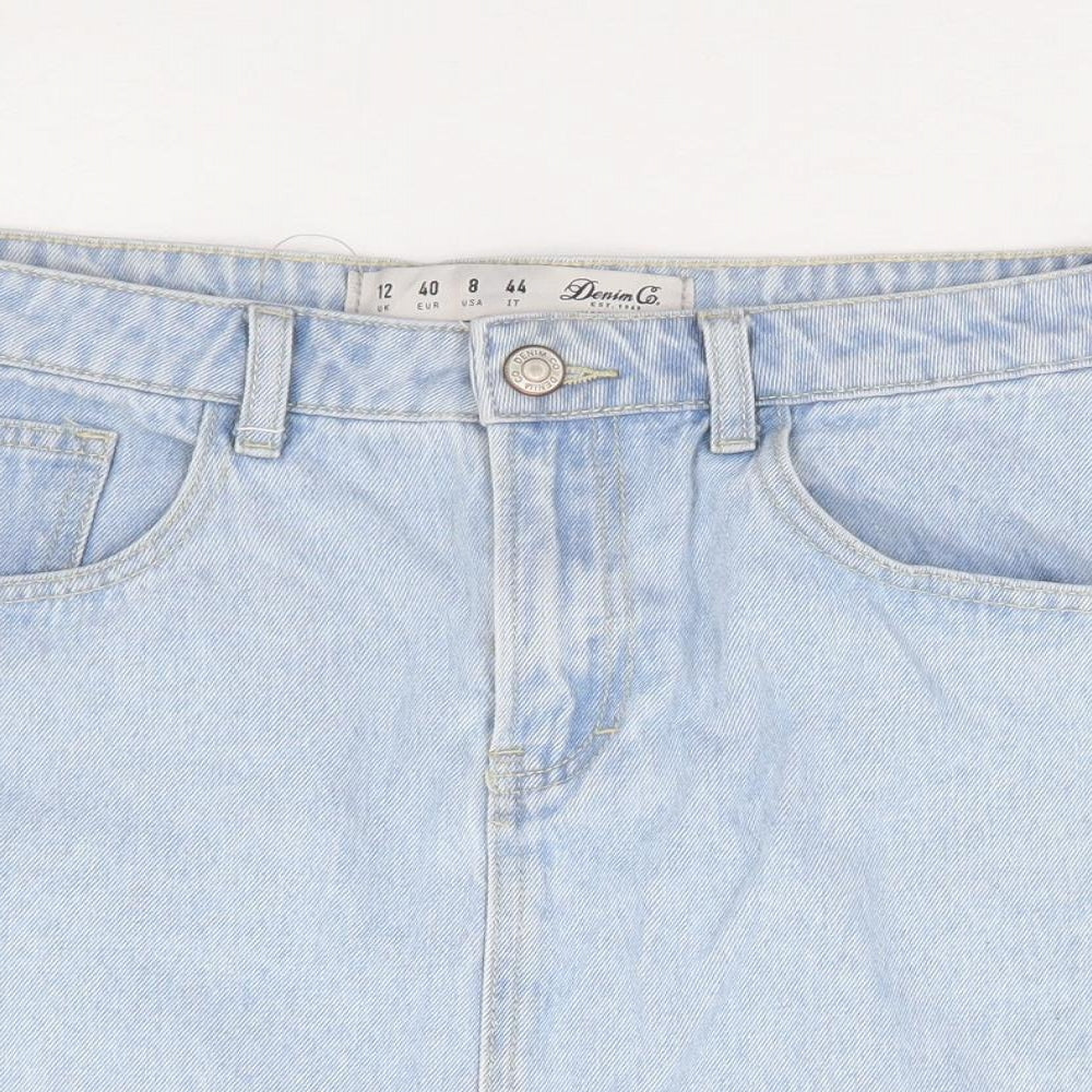 Primark Womens Blue Cotton Mini Skirt Size 12 Zip - Distressed Hem