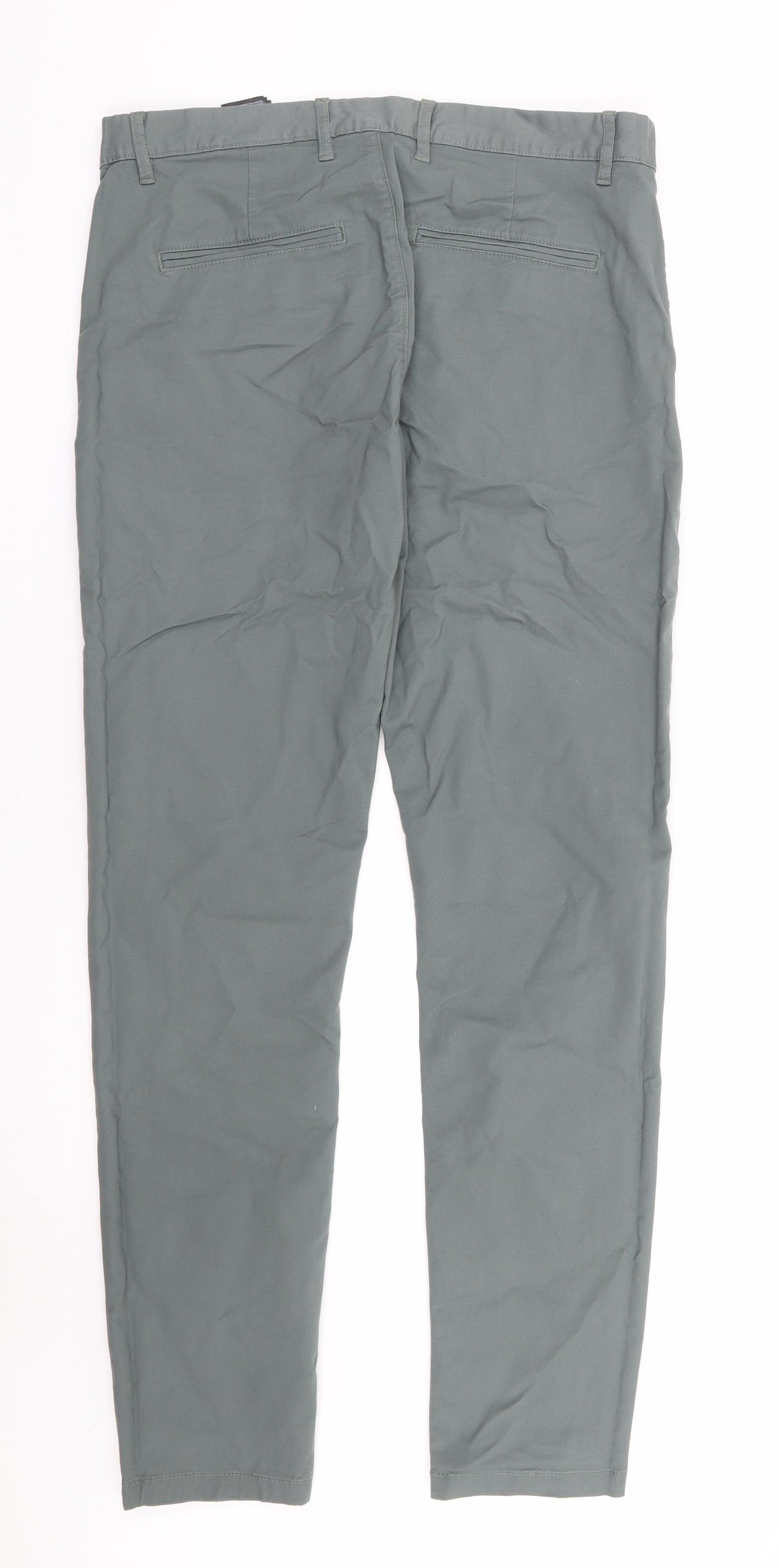 H&M Mens Green Cotton Chino Trousers Size 34 L32 in Regular Zip