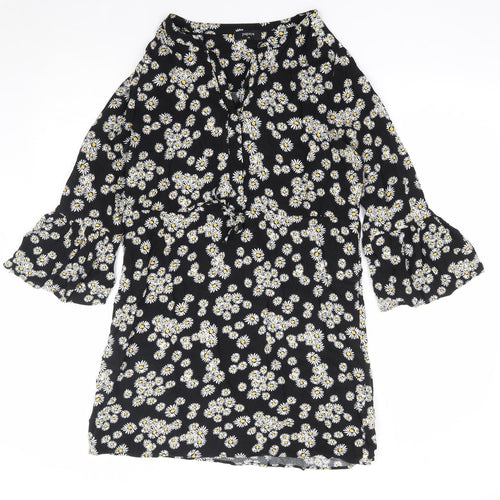 Papaya Womens Black Floral Viscose A-Line Size 10 V-Neck Button