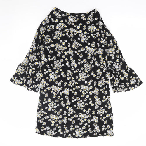 Papaya Womens Black Floral Viscose A-Line Size 10 V-Neck Button