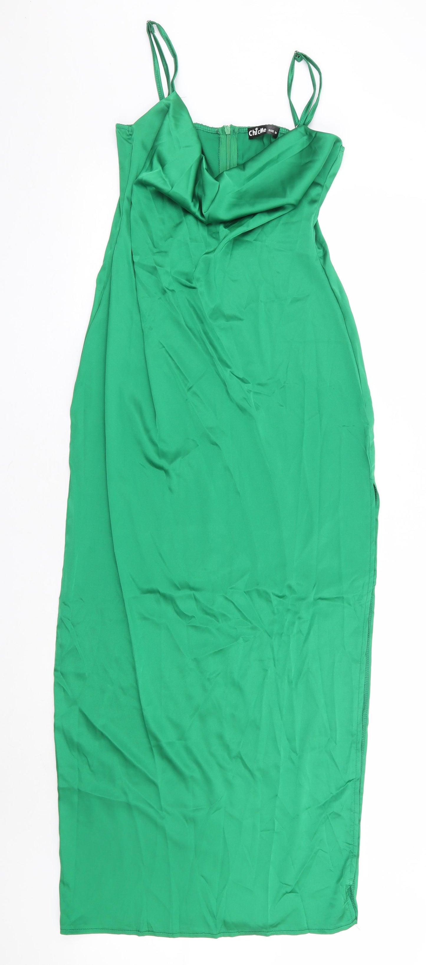 Chic Me Womens Green Cotton Bodycon Size M Cowl Neck Zip