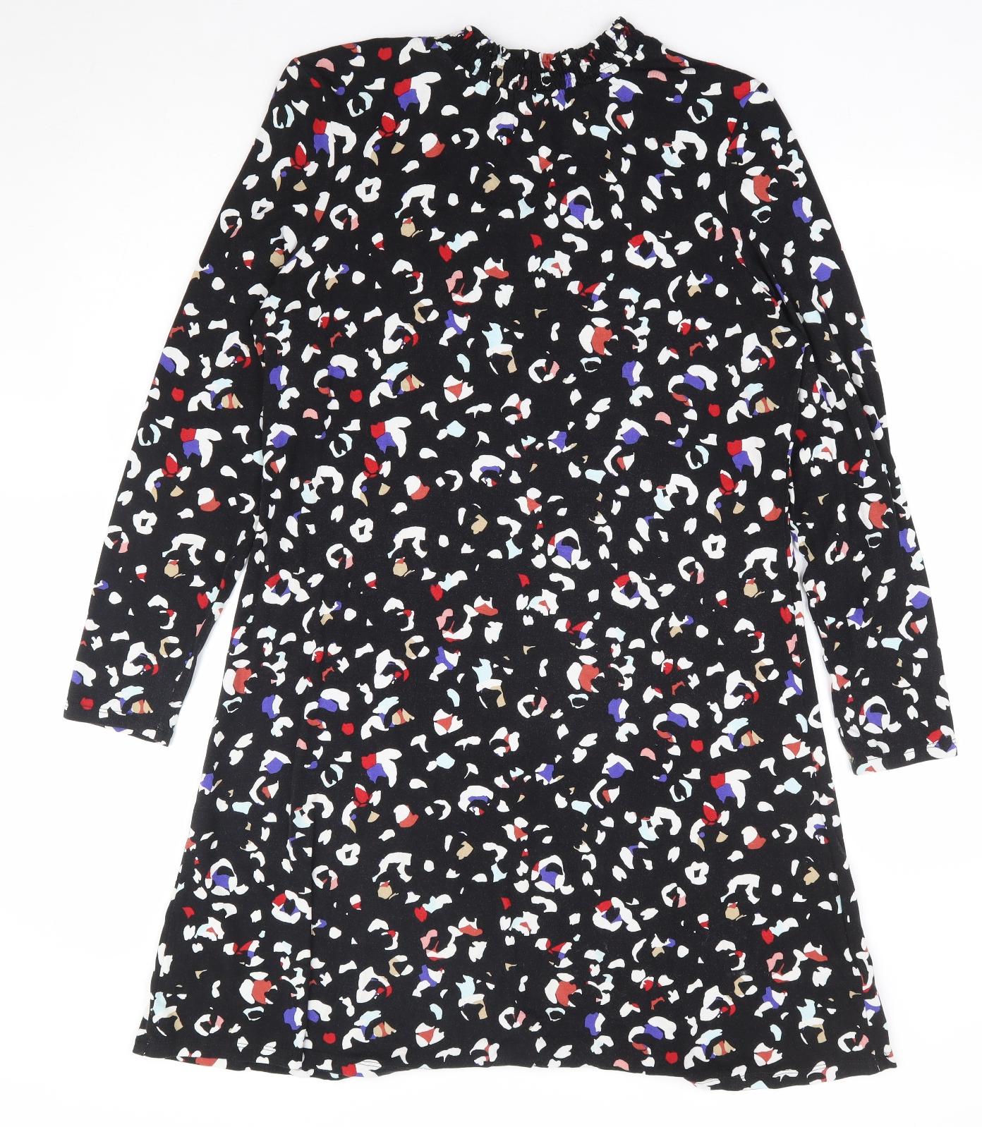 Marks and Spencer Womens Black Animal Print Viscose A-Line Size 14 Mock Neck Button - Rainbow Leopard Print
