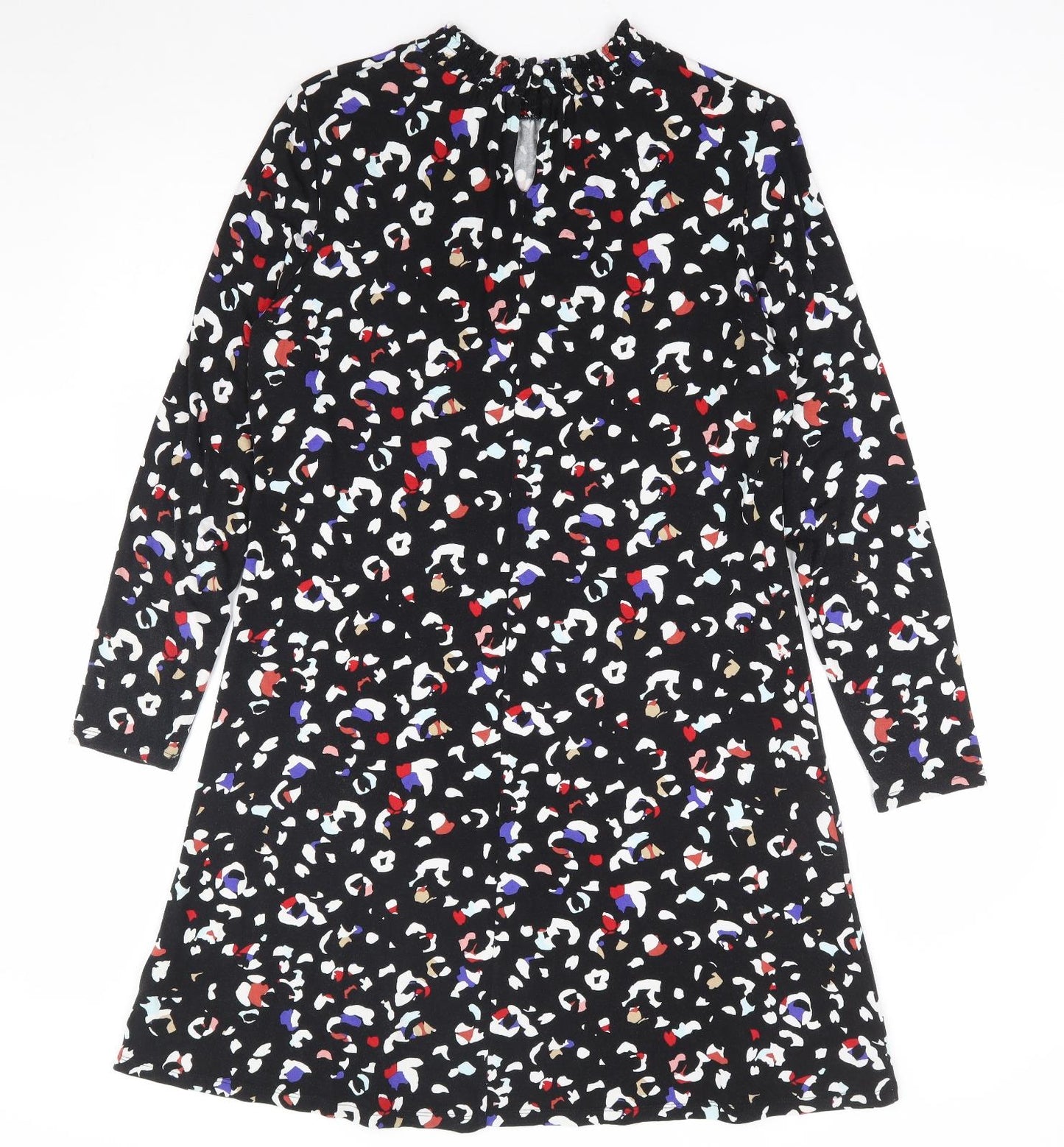 Marks and Spencer Womens Black Animal Print Viscose A-Line Size 14 Mock Neck Button - Rainbow Leopard Print