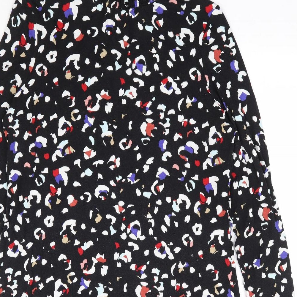 Marks and Spencer Womens Black Animal Print Viscose A-Line Size 14 Mock Neck Button - Rainbow Leopard Print